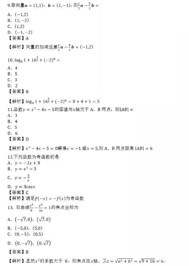 2019年成人高等学校招生全国统一考试高起点理科数学真题及答案