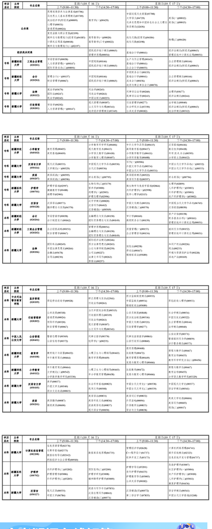 2021年10月新疆成人自考开考课程表