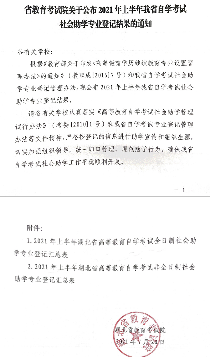 关于公布2021年上半年湖北省自学考试社会助学专业登记结果的通知